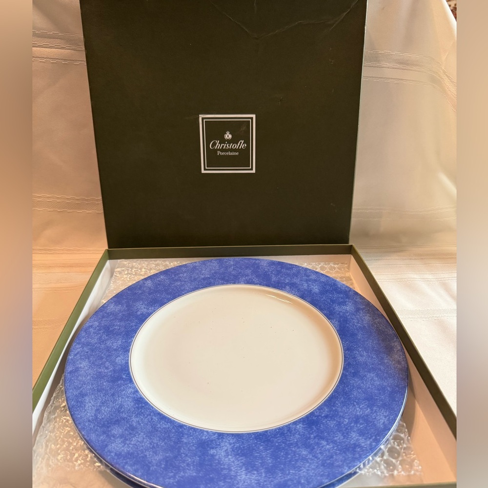 Christofle porcelain Bleu chargers, 12 1/2”diameter in original box.